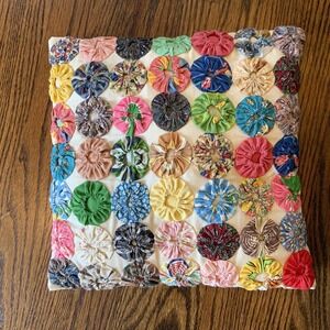Yo-Yo Pillow Vintage Hand-Sewn - Colorful MCM Fabric Accent Pillow 13" Patchwork